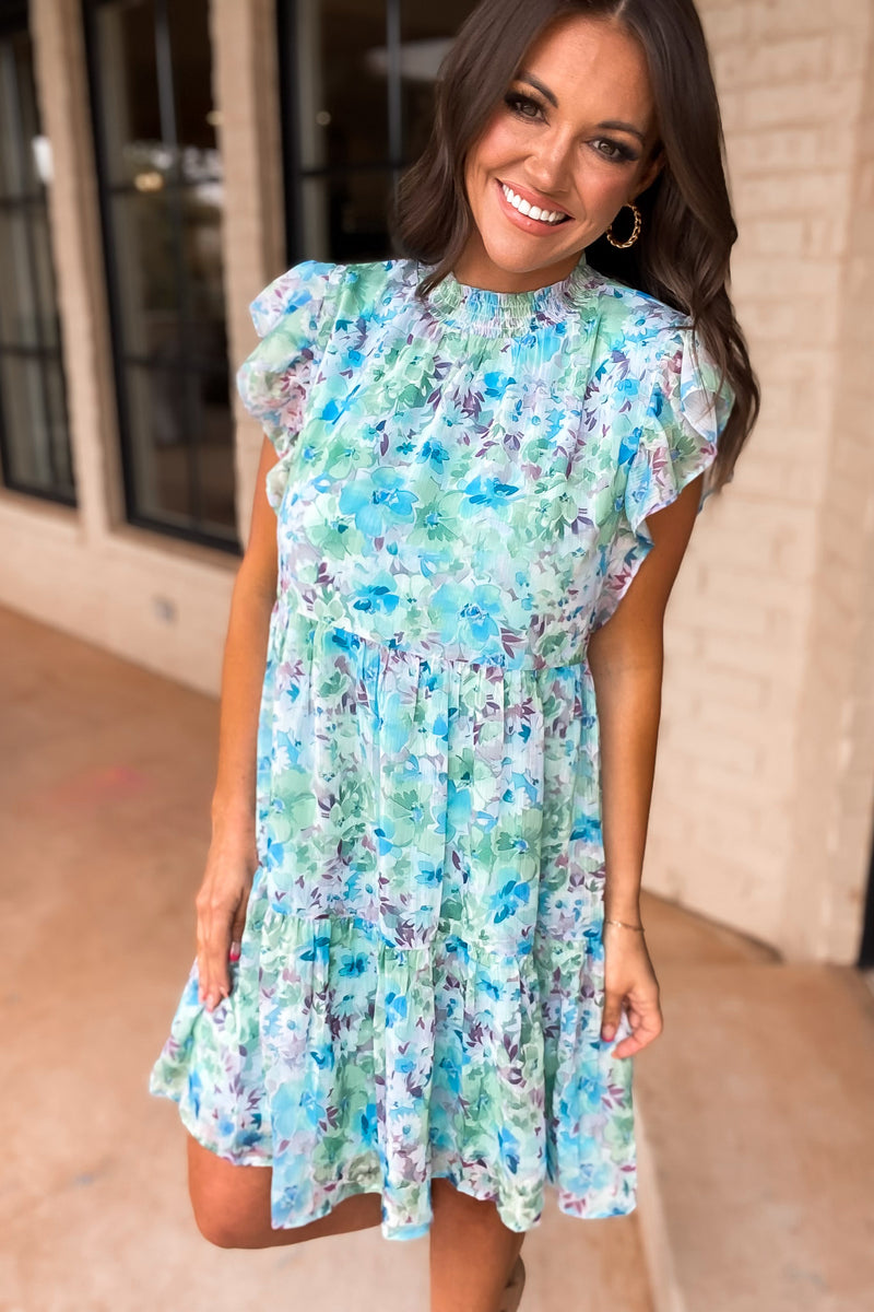 Whisk Me Away Floral Chiffon Smock Neck Tiered Dress