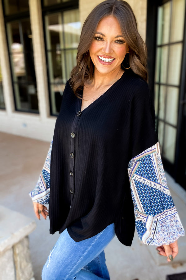 Black Waffle Bruched Button Down Printed Sleeves Top