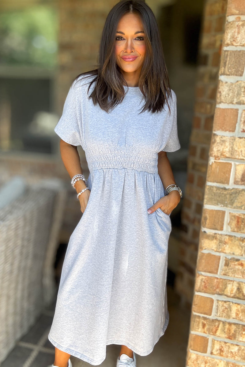 Heather Grey T Shirt Solid Smock Waist Pockets Front Midi Dress