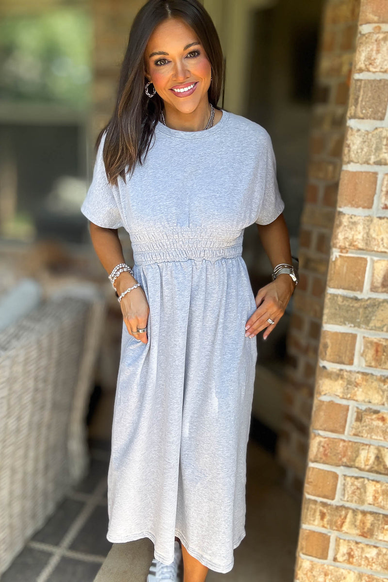 Heather Grey T Shirt Solid Smock Waist Pockets Front Midi Dress