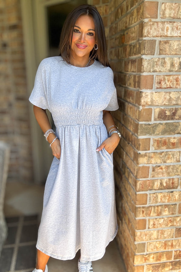 Heather Grey T Shirt Solid Smock Waist Pockets Front Midi Dress