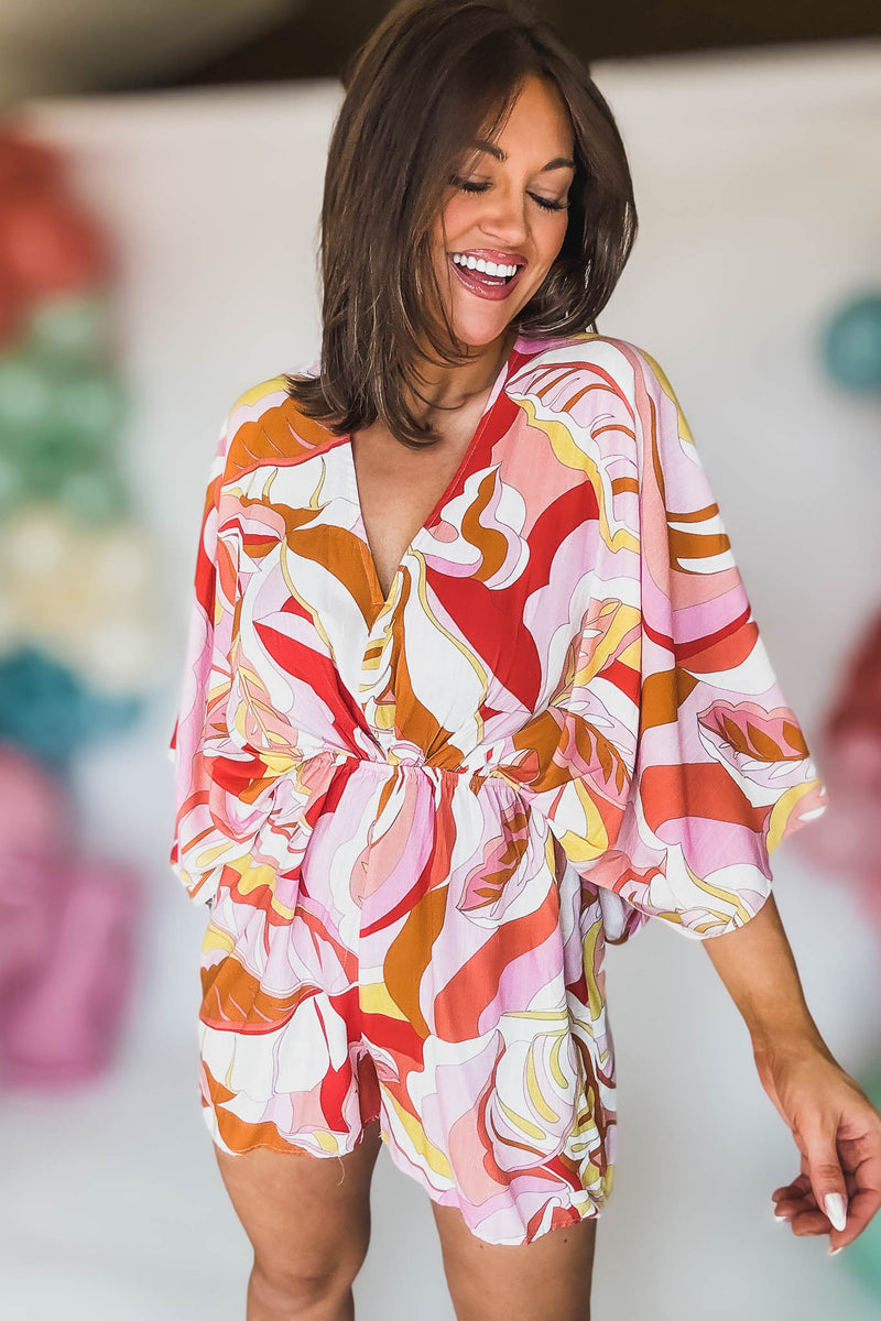 PINK/TANGERINE/WHITE KIMONO SLEEVE TIE BACK NECK ELASTIC WAISTED ROMPER