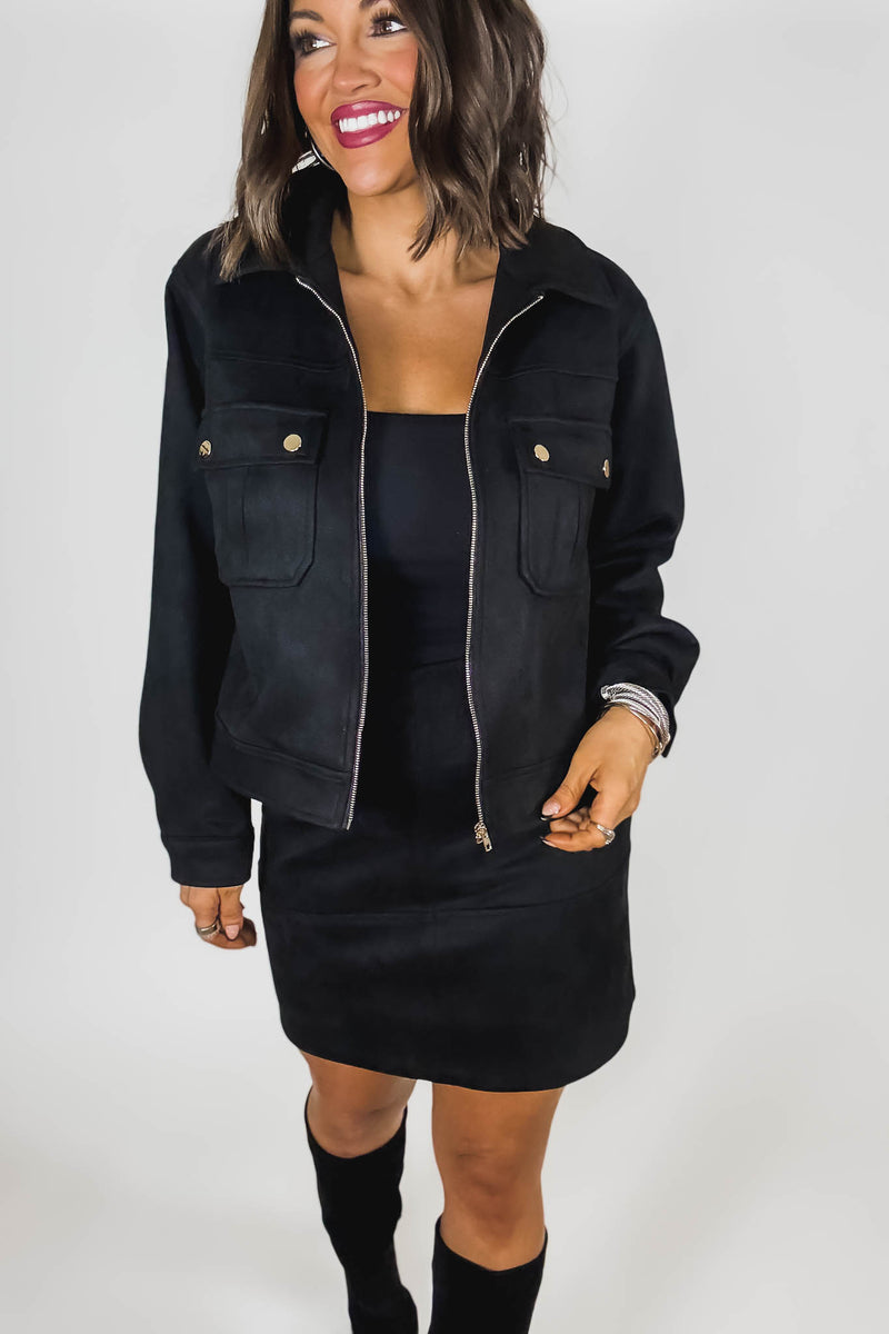 Black Suede Gold Trim Breast Pocketed Shacket