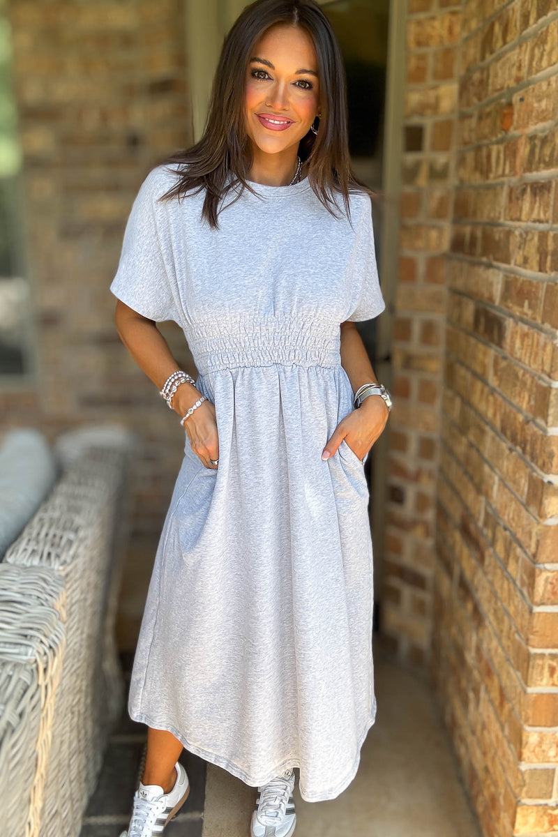 Heather Grey T Shirt Solid Smock Waist Pockets Front Midi Dress