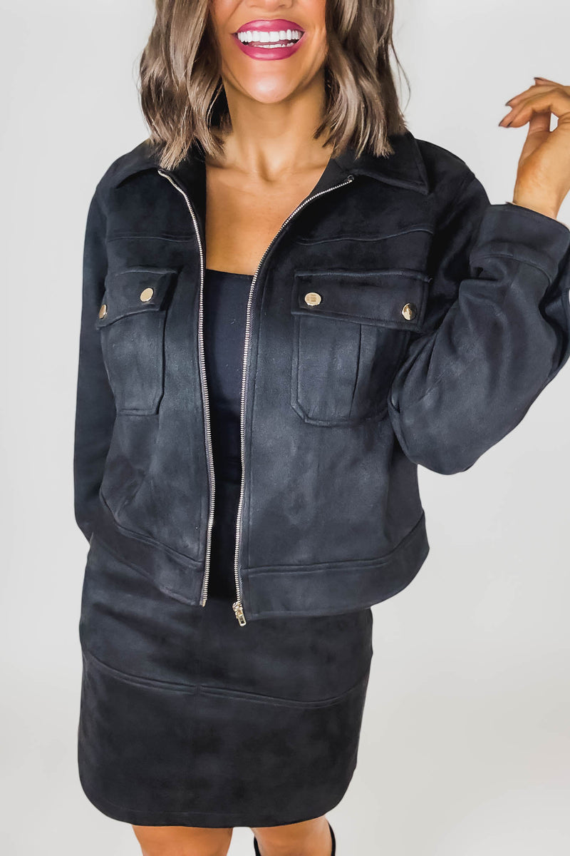 Black Suede Gold Trim Breast Pocketed Shacket