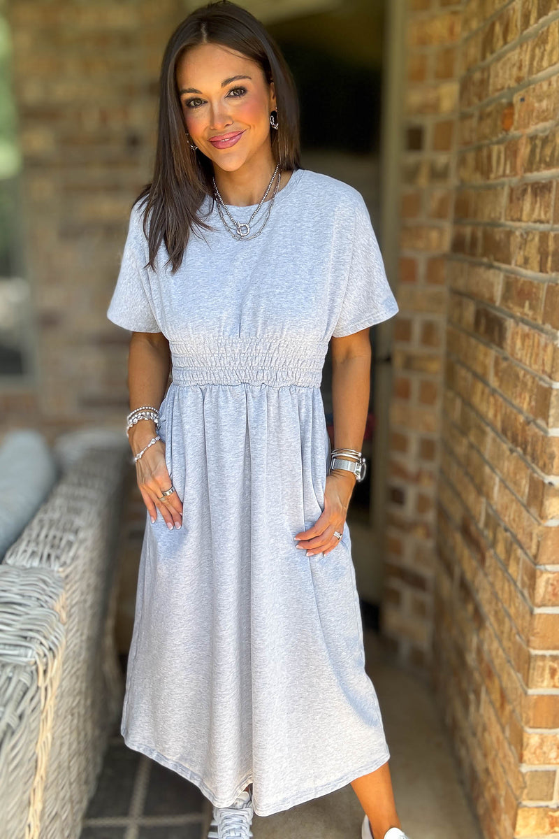 Heather Grey T Shirt Solid Smock Waist Pockets Front Midi Dress