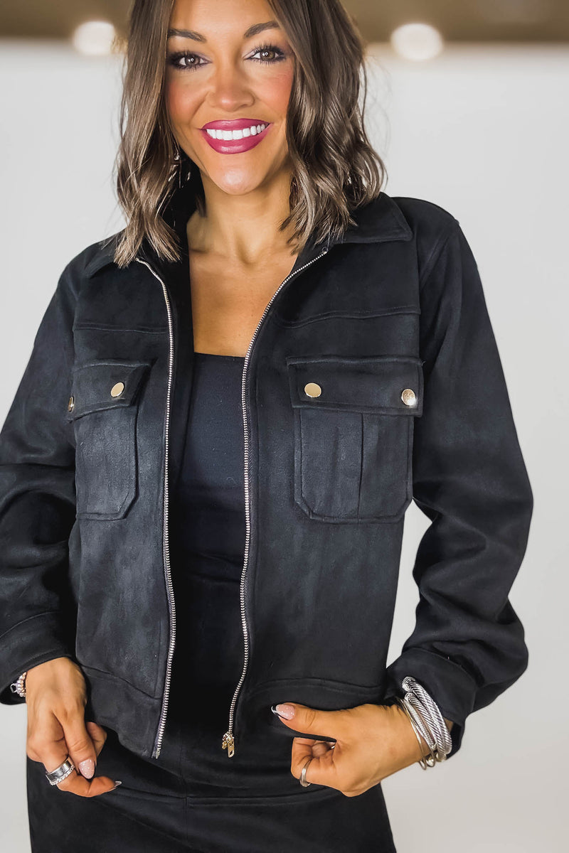 Black Suede Gold Trim Breast Pocketed Shacket