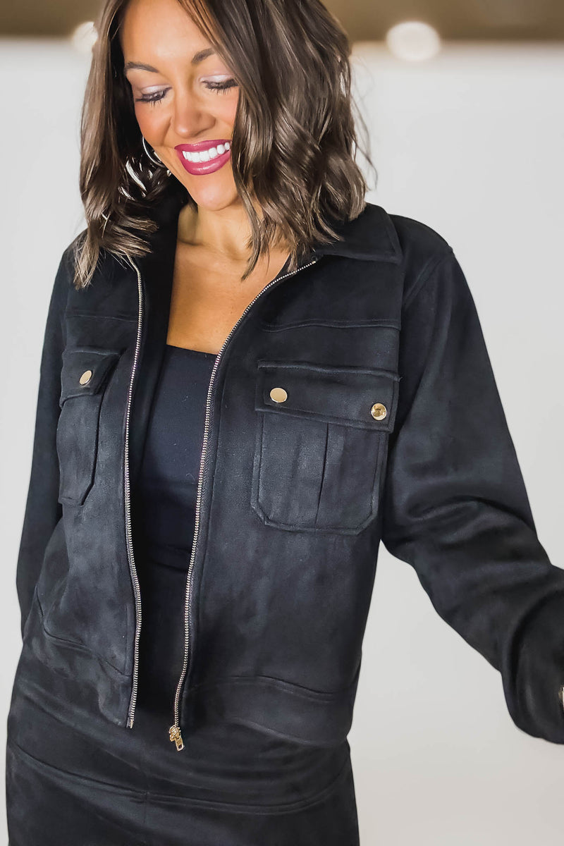 Black Suede Gold Trim Breast Pocketed Shacket