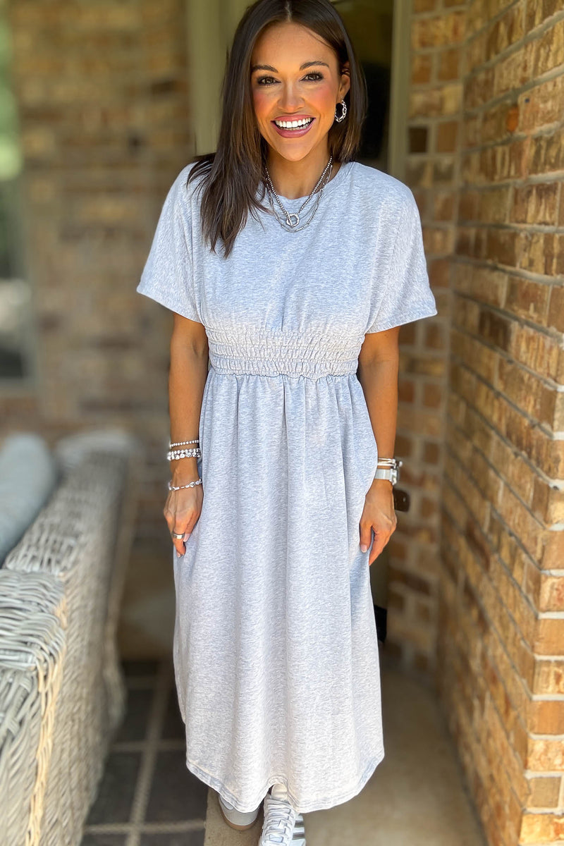 Heather Grey T Shirt Solid Smock Waist Pockets Front Midi Dress