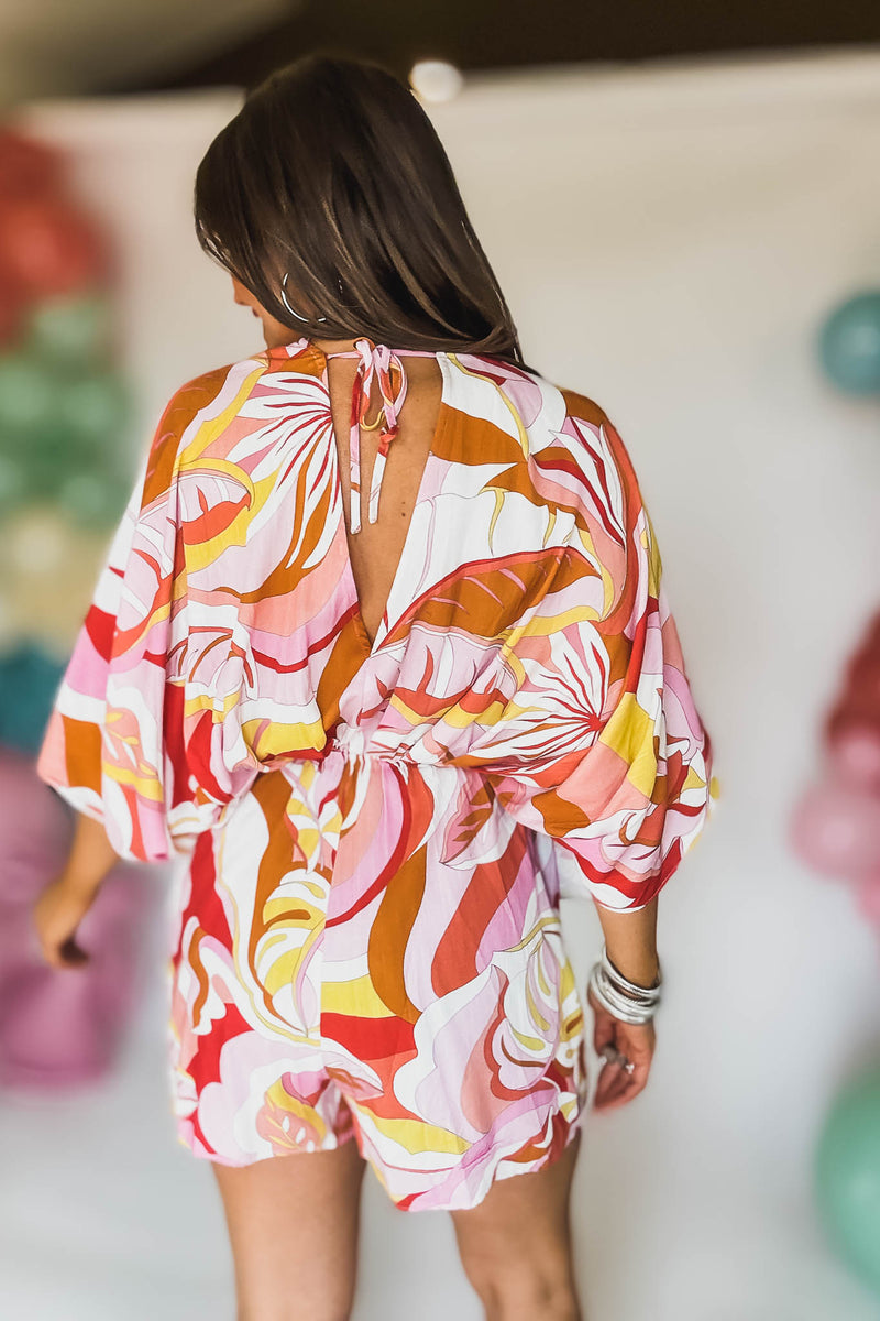 PINK/TANGERINE/WHITE KIMONO SLEEVE TIE BACK NECK ELASTIC WAISTED ROMPER