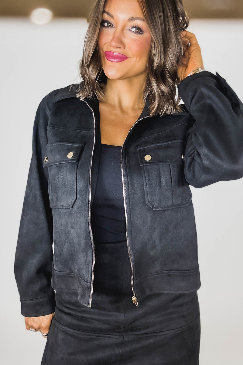 Black Suede Gold Trim Breast Pocketed Shacket