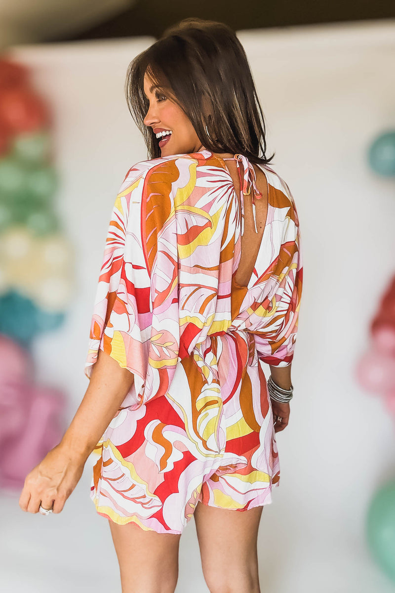 PINK/TANGERINE/WHITE KIMONO SLEEVE TIE BACK NECK ELASTIC WAISTED ROMPER