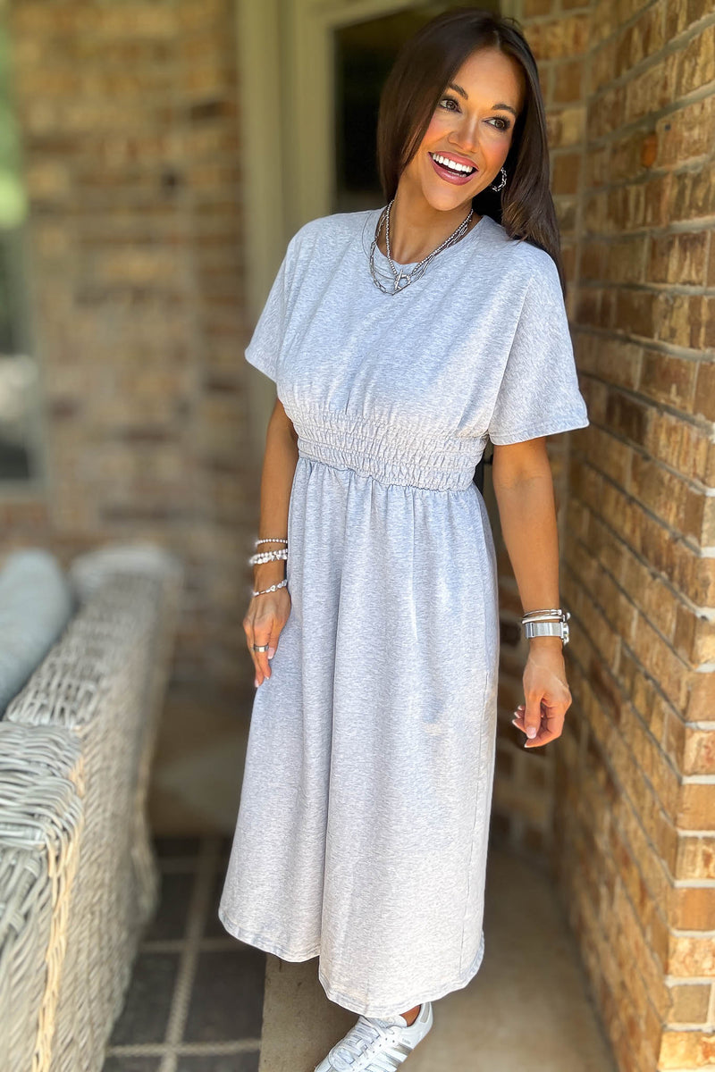 Heather Grey T Shirt Solid Smock Waist Pockets Front Midi Dress