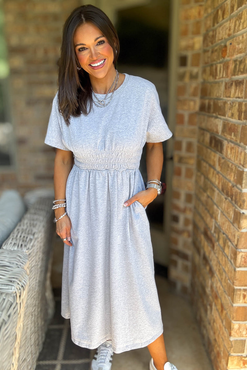 Heather Grey T Shirt Solid Smock Waist Pockets Front Midi Dress