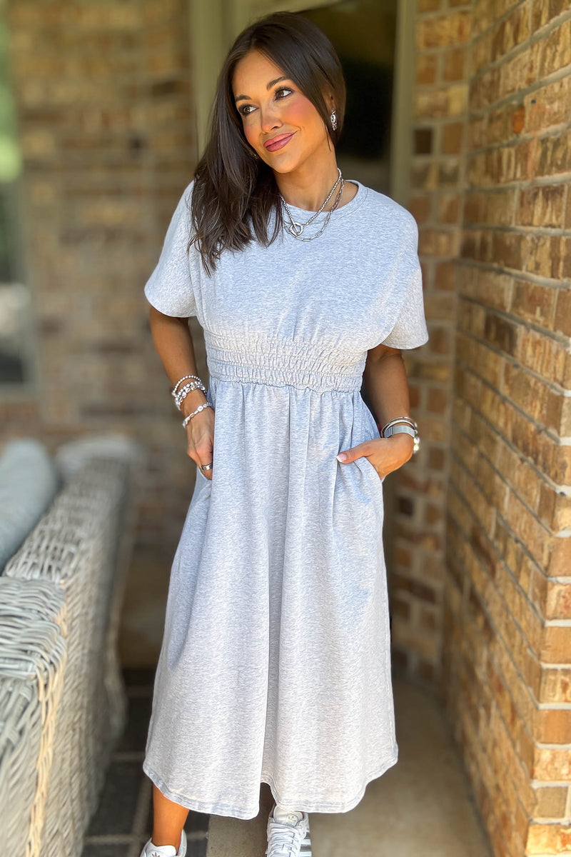 Heather Grey T Shirt Solid Smock Waist Pockets Front Midi Dress
