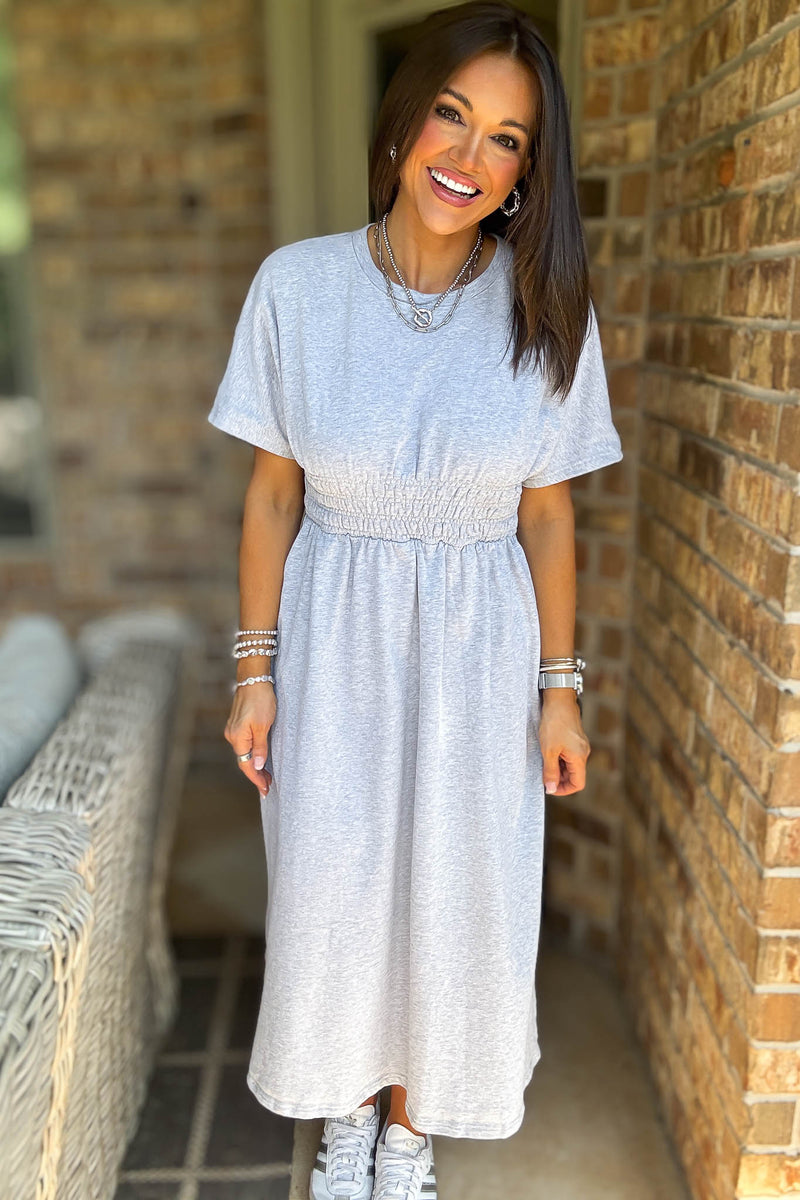 Heather Grey T Shirt Solid Smock Waist Pockets Front Midi Dress