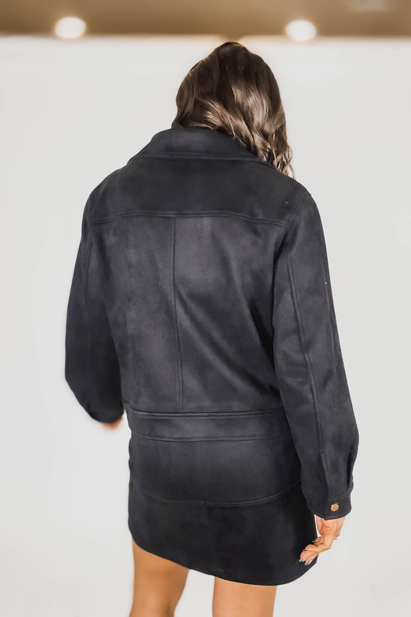 Black Suede Gold Trim Breast Pocketed Shacket