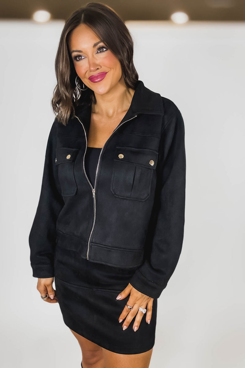 Black Suede Gold Trim Breast Pocketed Shacket
