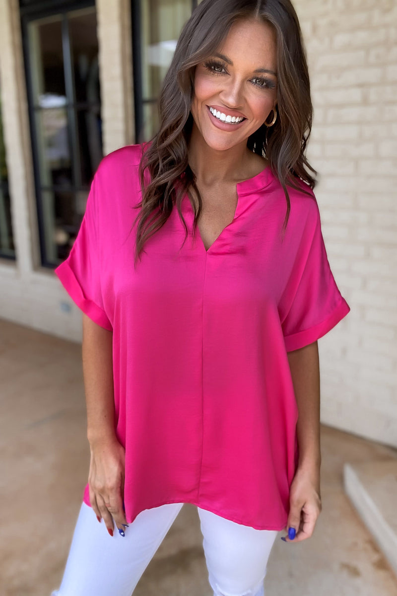 Hot Pink Solid Cuffed Short Sleeves Top