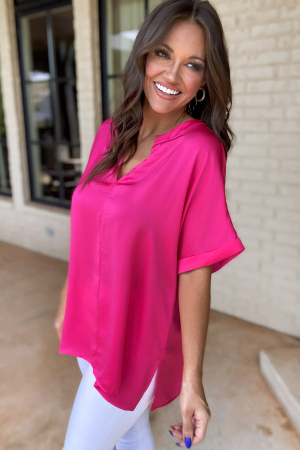 Hot Pink Solid Cuffed Short Sleeves Top