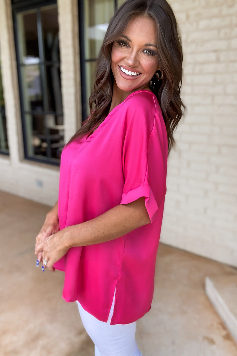 Hot Pink Solid Cuffed Short Sleeves Top