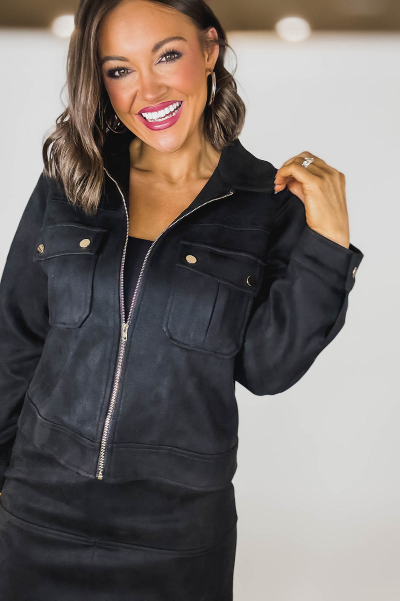 Black Suede Gold Trim Breast Pocketed Shacket