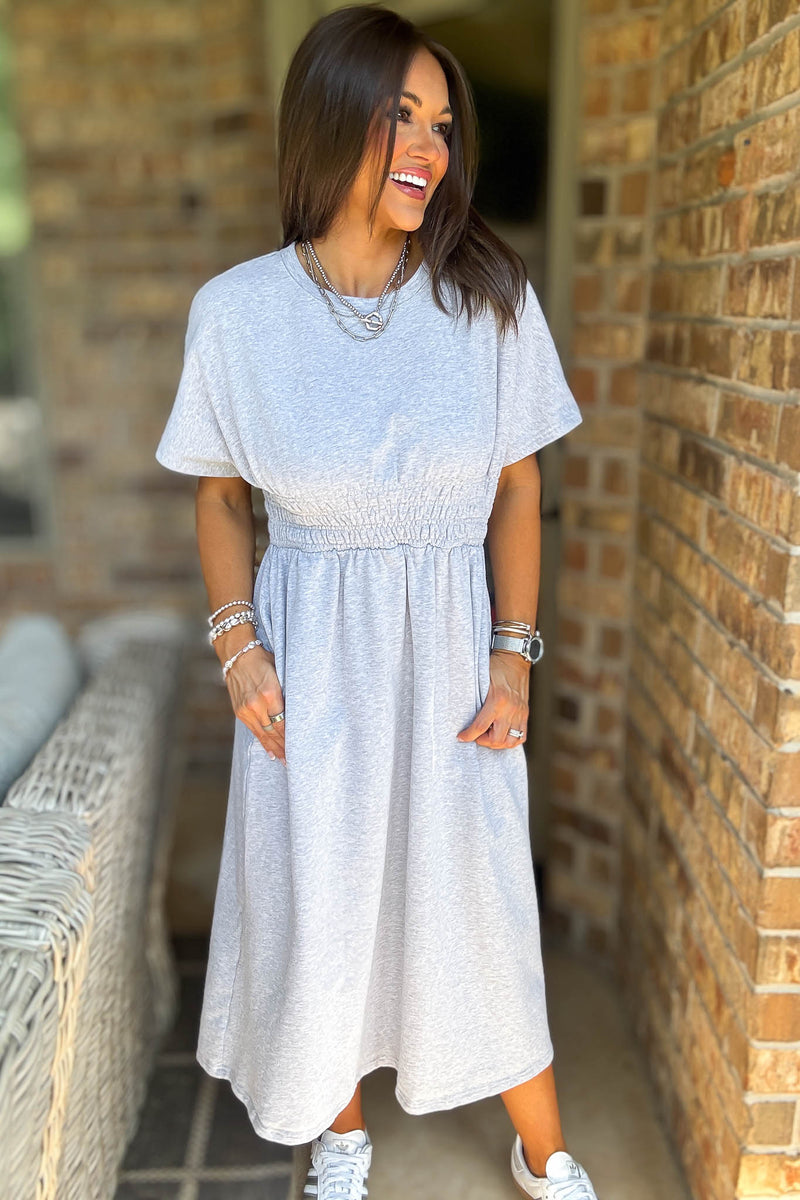 Heather Grey T Shirt Solid Smock Waist Pockets Front Midi Dress
