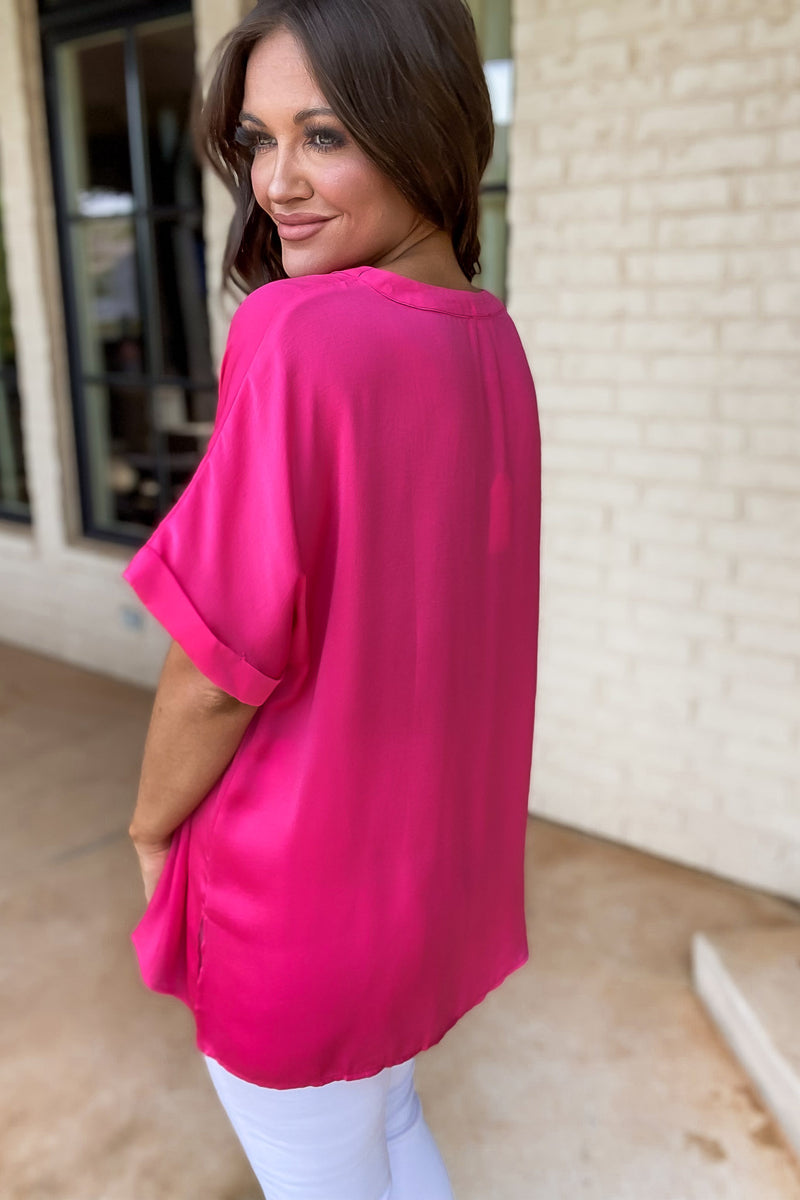 Hot Pink Solid Cuffed Short Sleeves Top