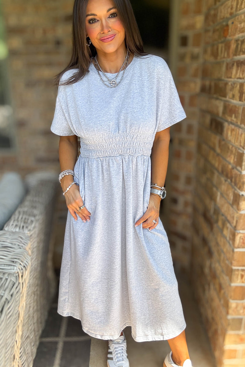 Heather Grey T Shirt Solid Smock Waist Pockets Front Midi Dress