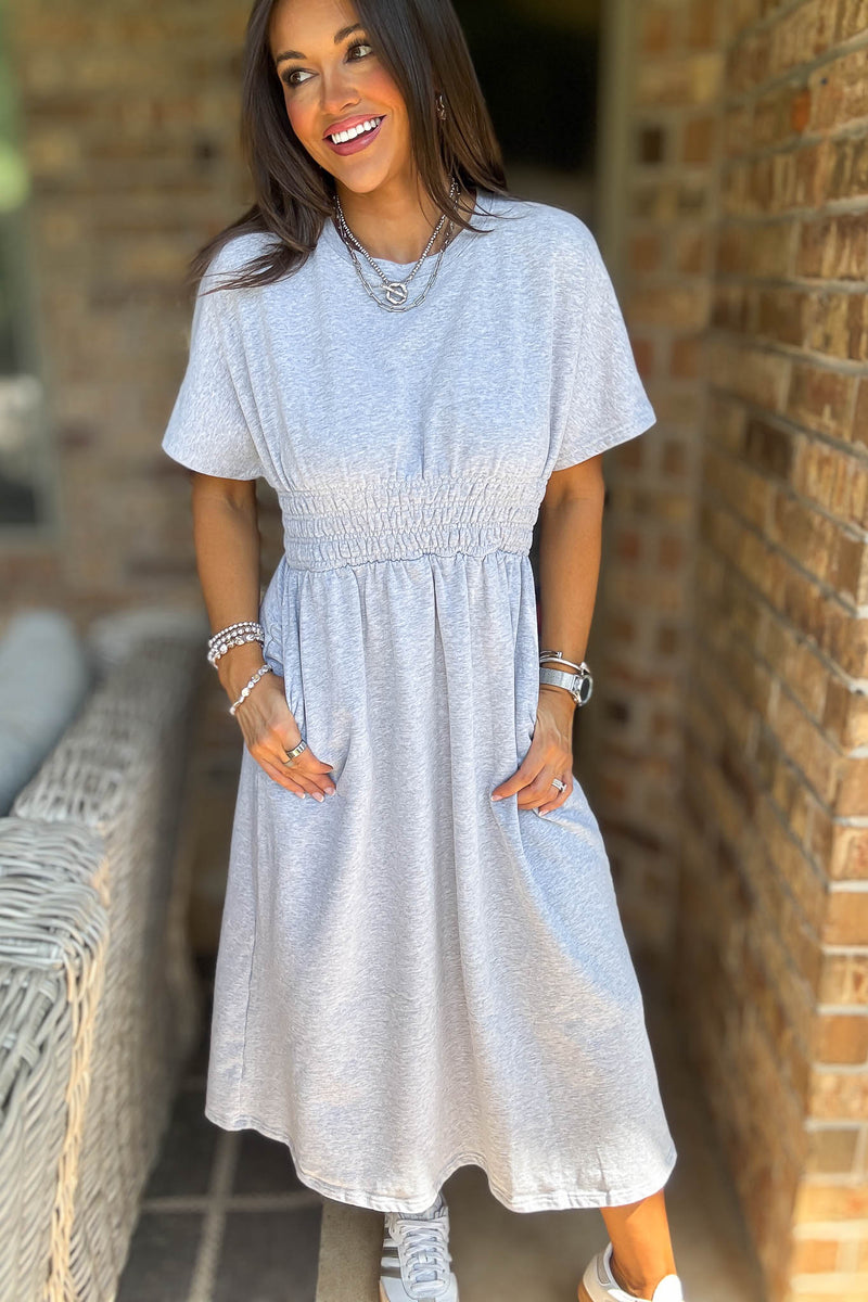 Heather Grey T Shirt Solid Smock Waist Pockets Front Midi Dress