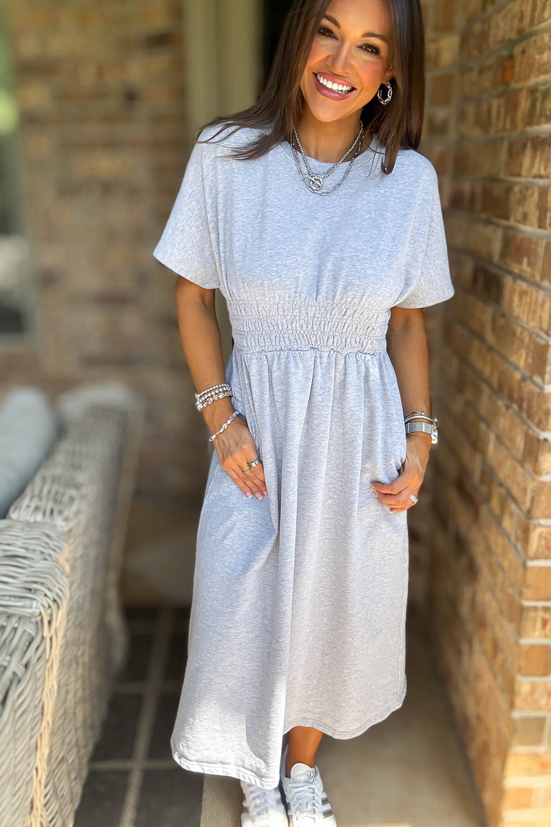 Heather Grey T Shirt Solid Smock Waist Pockets Front Midi Dress
