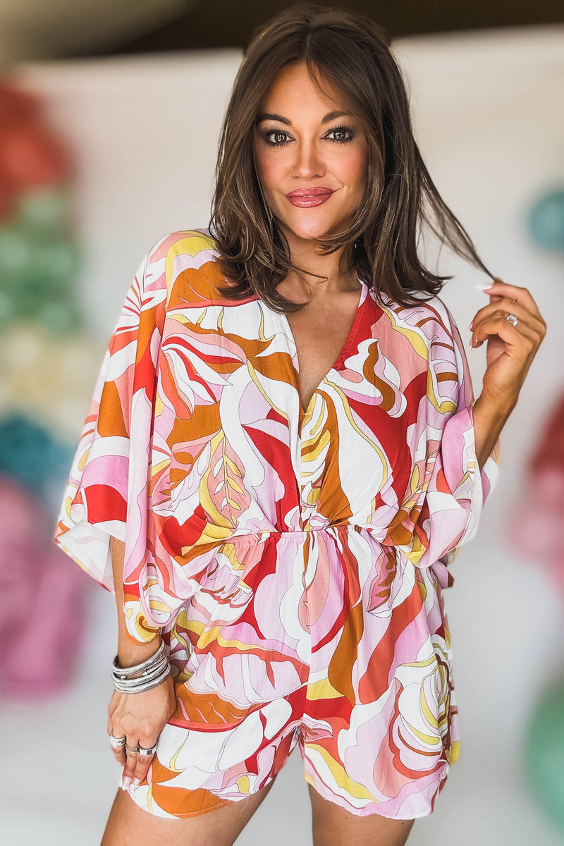 PINK/TANGERINE/WHITE KIMONO SLEEVE TIE BACK NECK ELASTIC WAISTED ROMPER