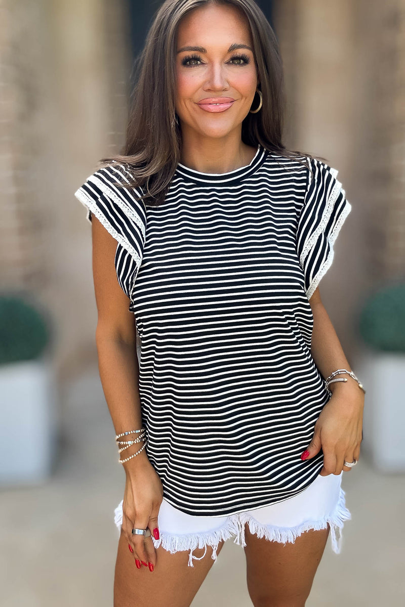 Black And White Striped Ruffle Tiered Top