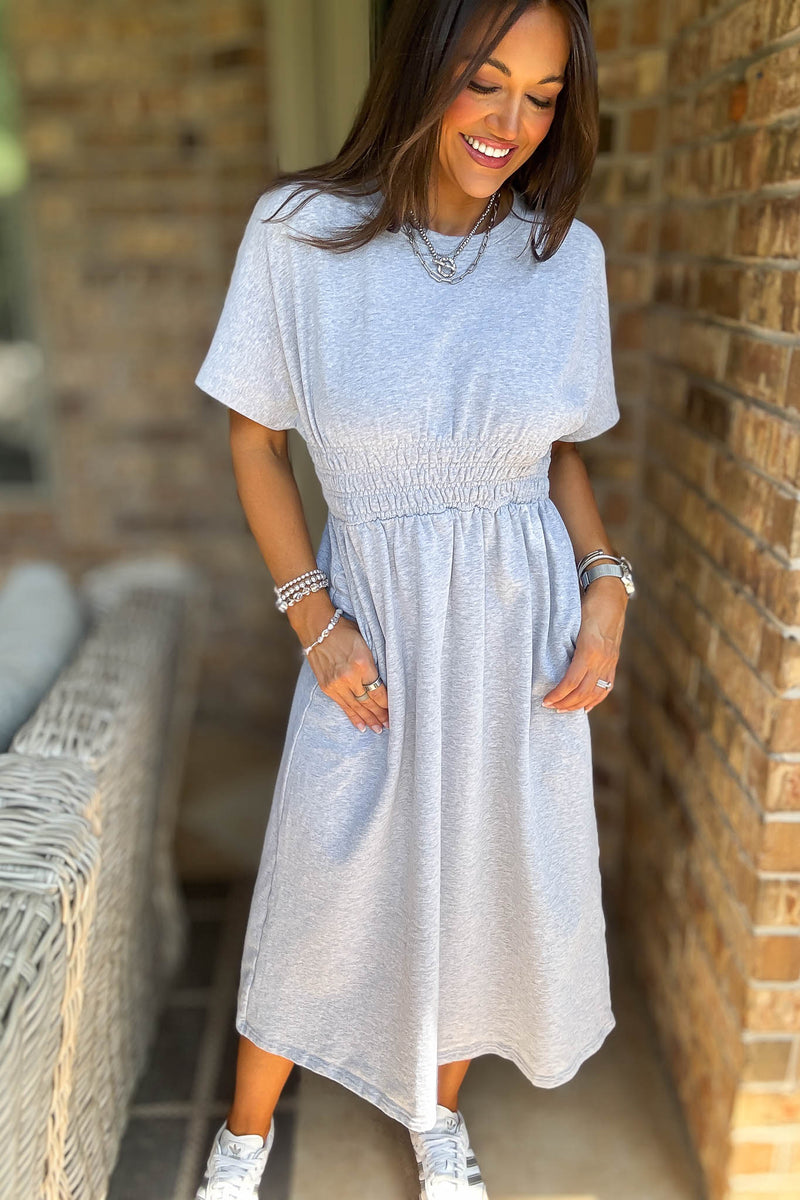 Heather Grey T Shirt Solid Smock Waist Pockets Front Midi Dress