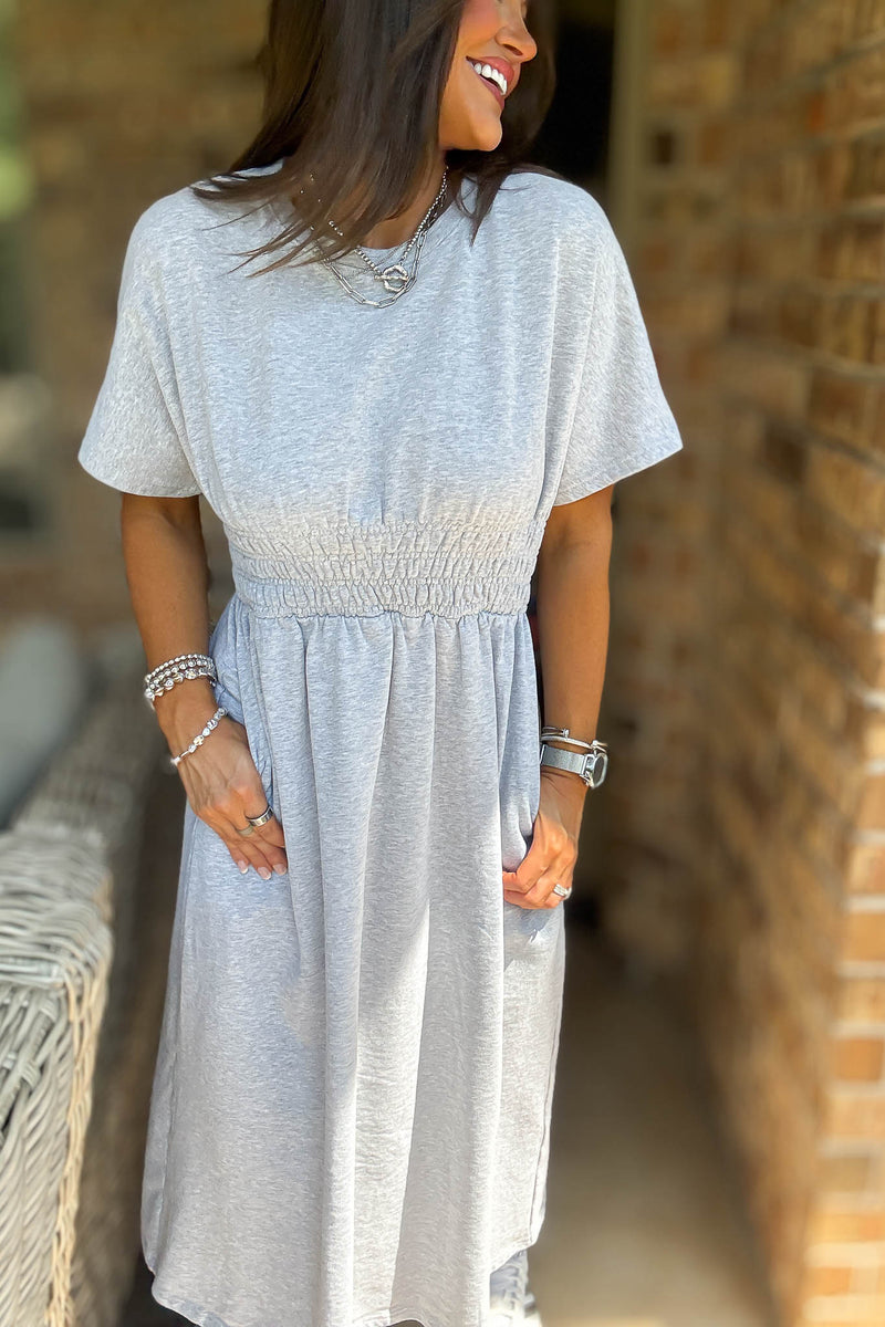 Heather Grey T Shirt Solid Smock Waist Pockets Front Midi Dress