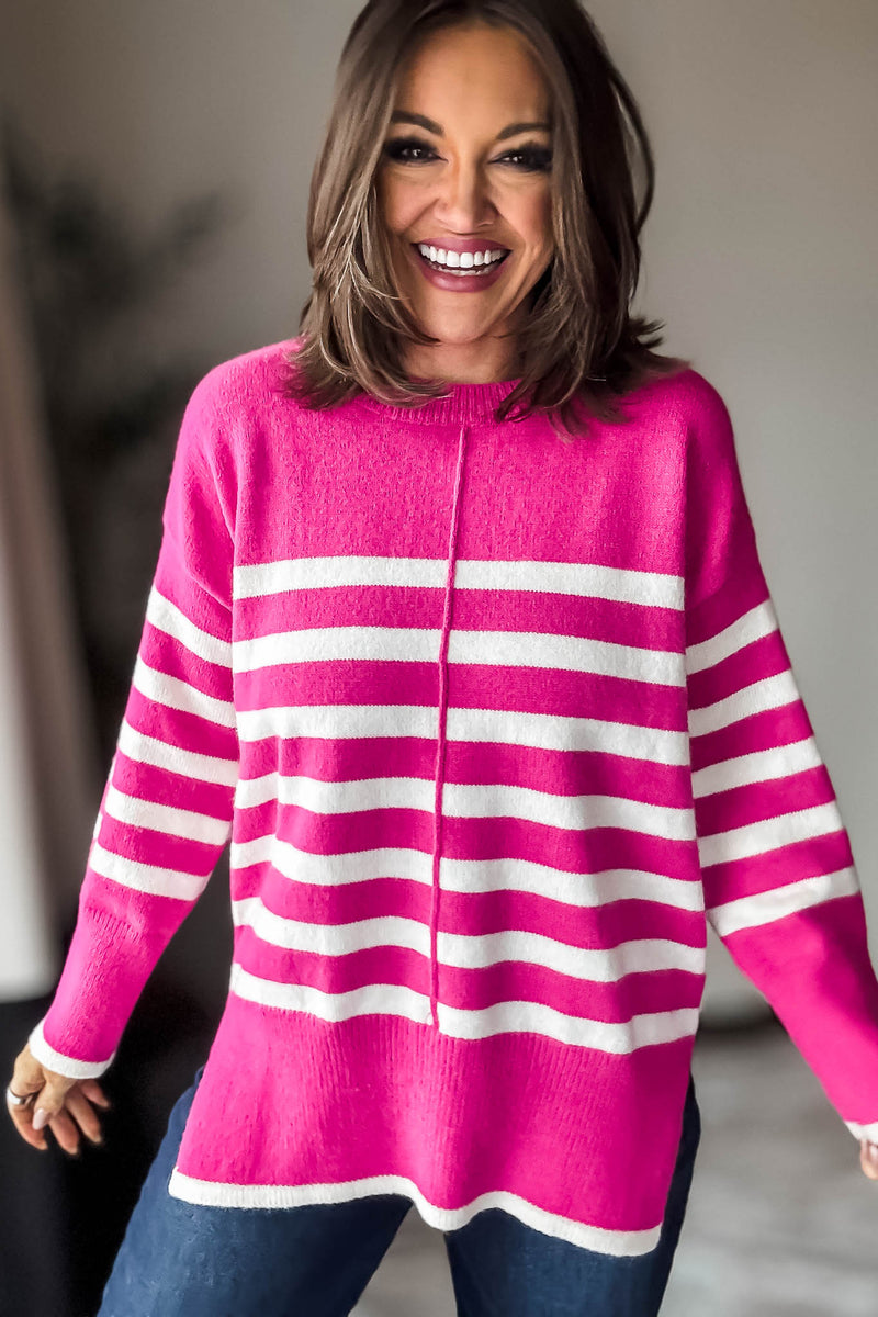 Fuchsia Colorblock Stripes Pullover Sweater