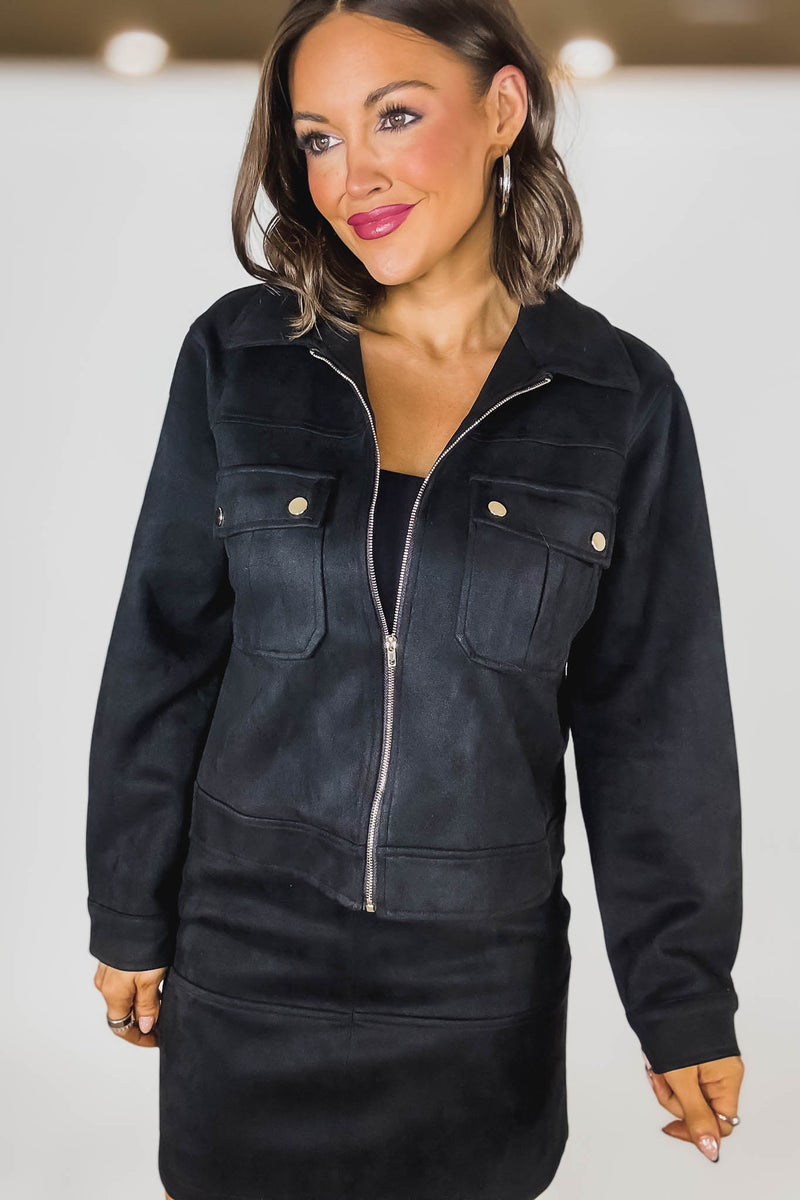 Black Suede Gold Trim Breast Pocketed Shacket