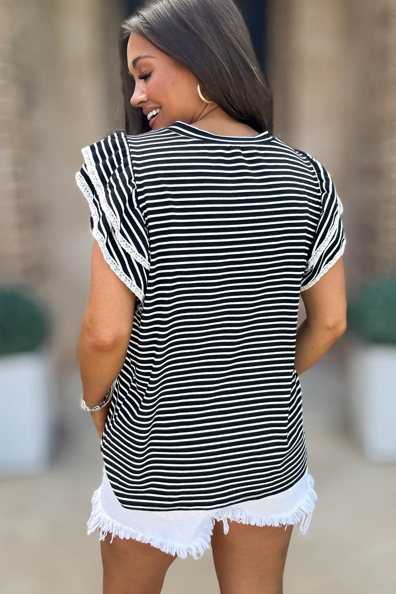 Black And White Striped Ruffle Tiered Top