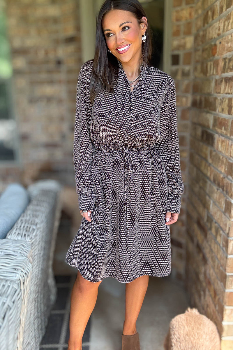Diamond Multi Print Drawstring Waist Pockets Dress