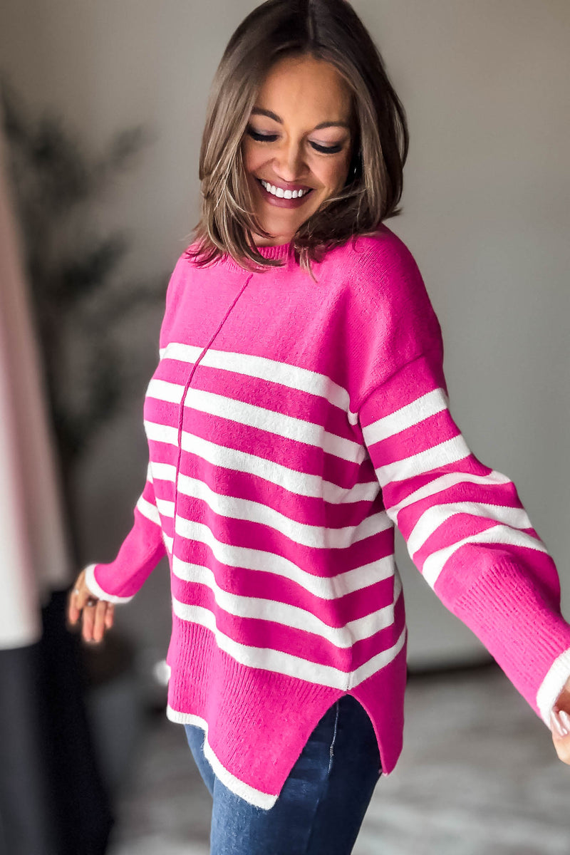 Fuchsia Colorblock Stripes Pullover Sweater