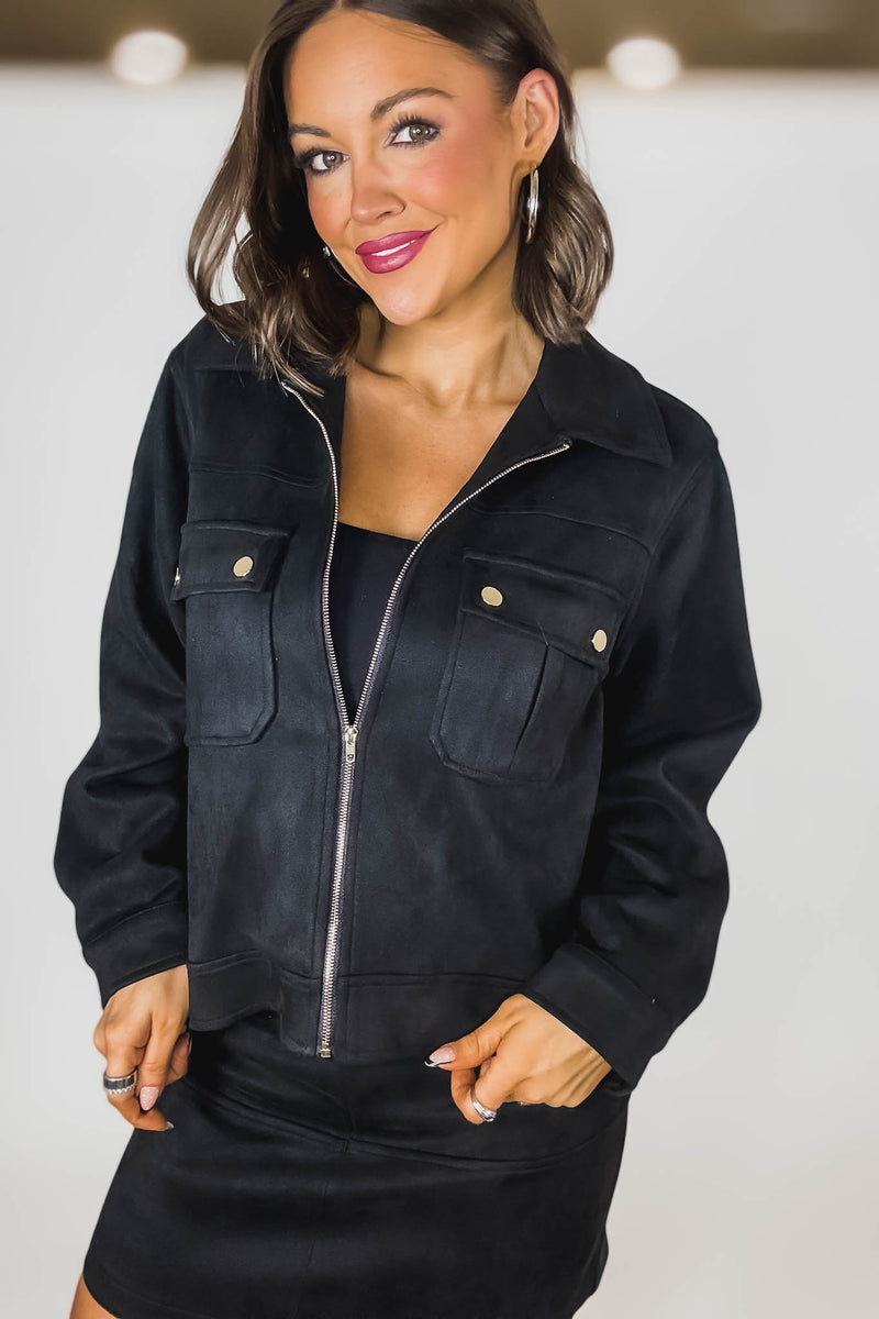Black Suede Gold Trim Breast Pocketed Shacket
