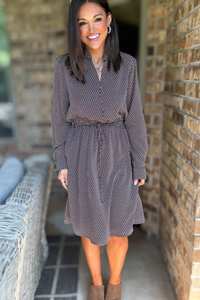 Diamond Multi Print Drawstring Waist Pockets Dress
