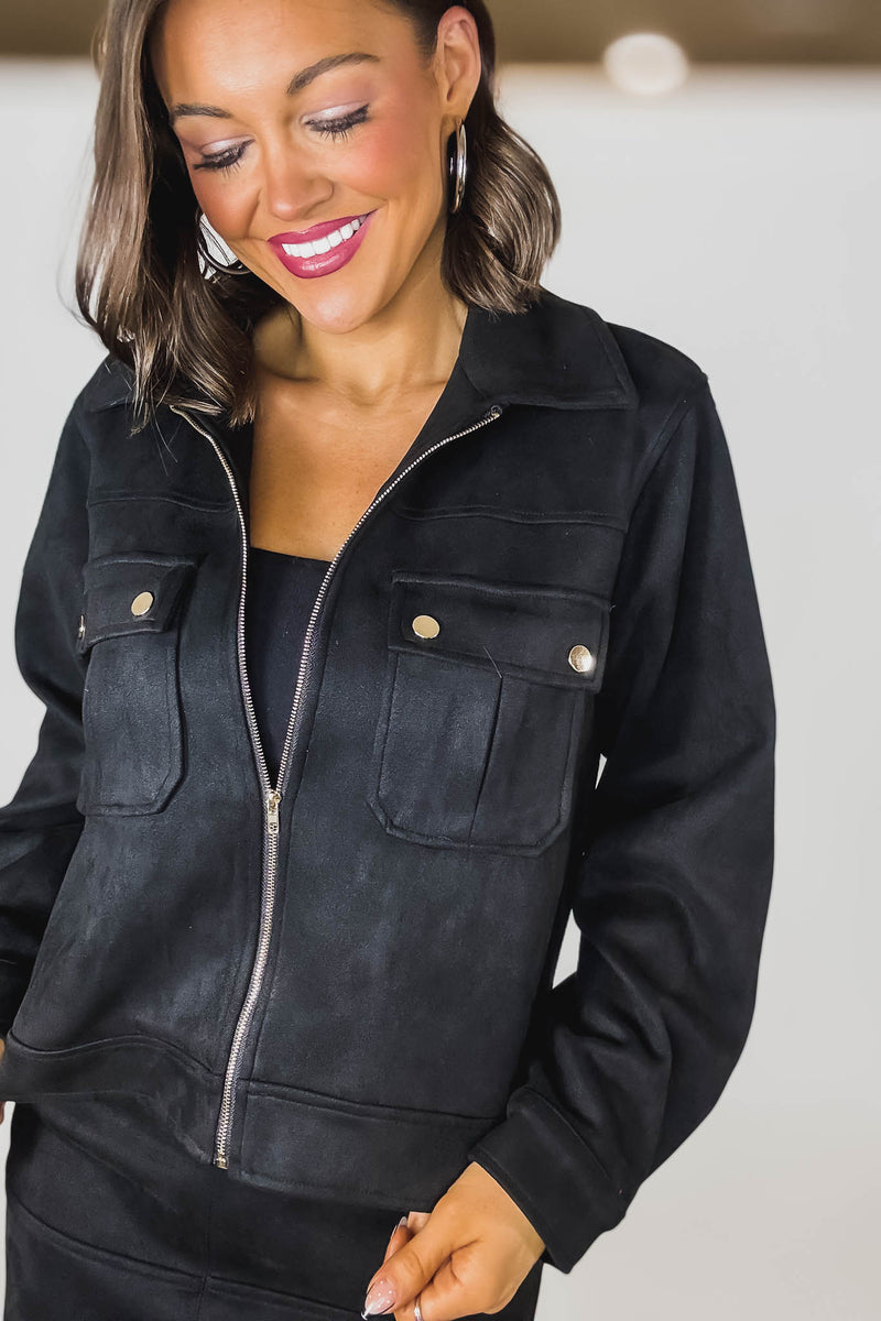 Black Suede Gold Trim Breast Pocketed Shacket