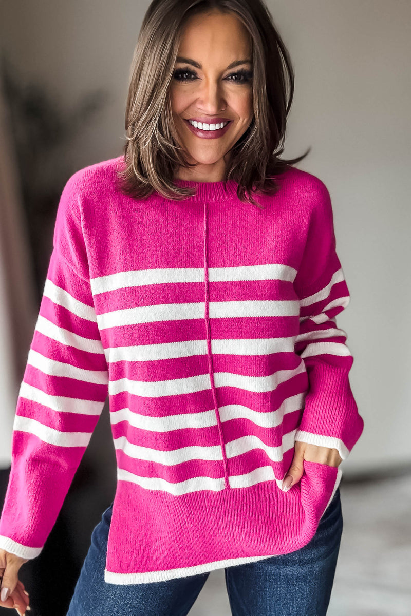 Fuchsia Colorblock Stripes Pullover Sweater