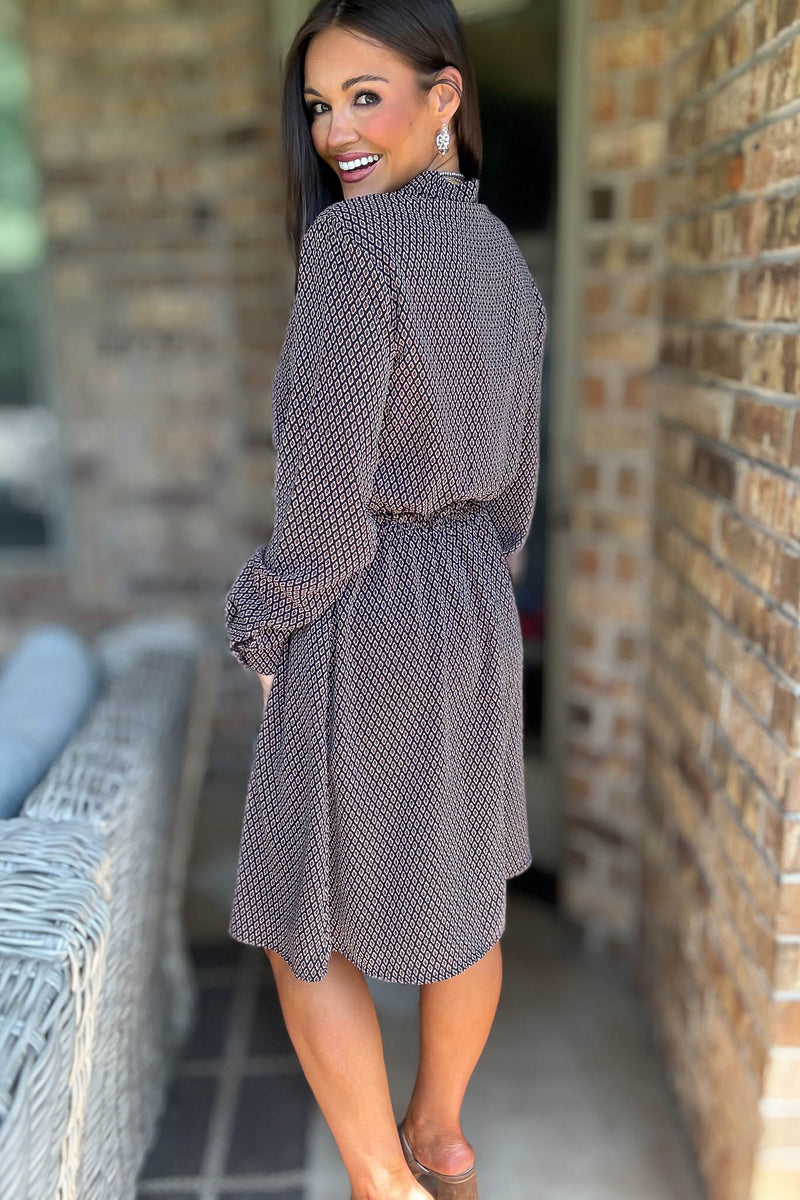 Diamond Multi Print Drawstring Waist Pockets Dress