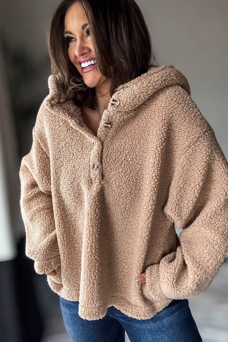 Mocha Sherpa Button Up Hooded Pullover Jacket