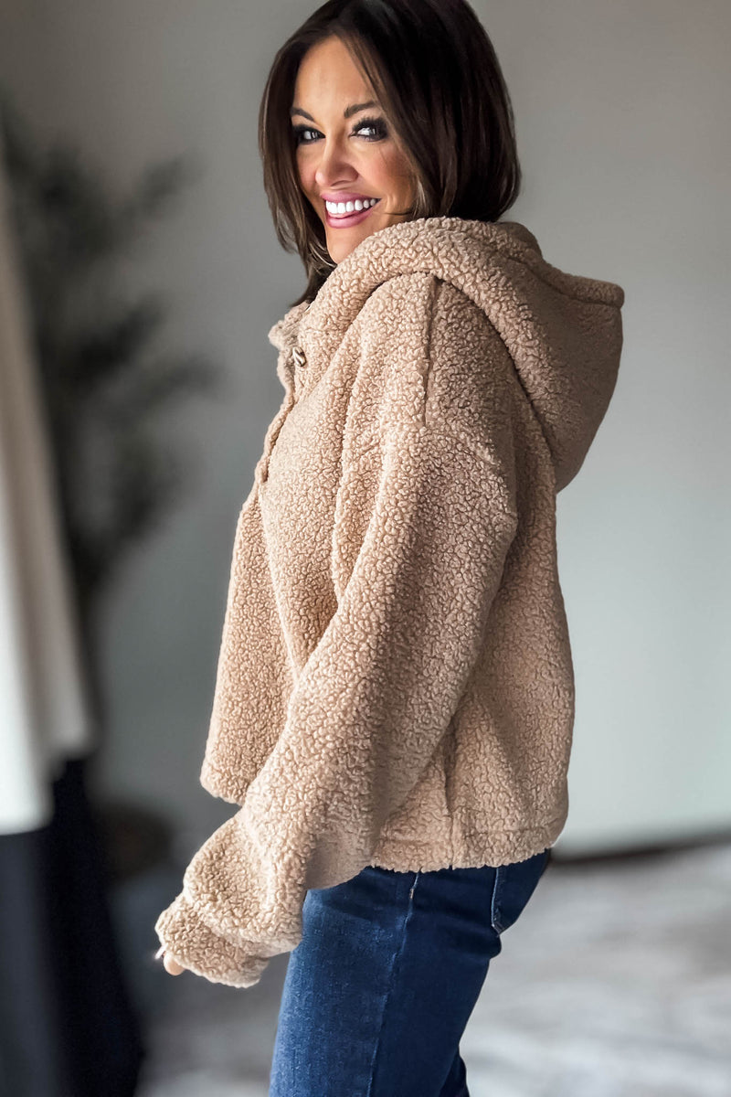 Mocha Sherpa Button Up Hooded Pullover Jacket