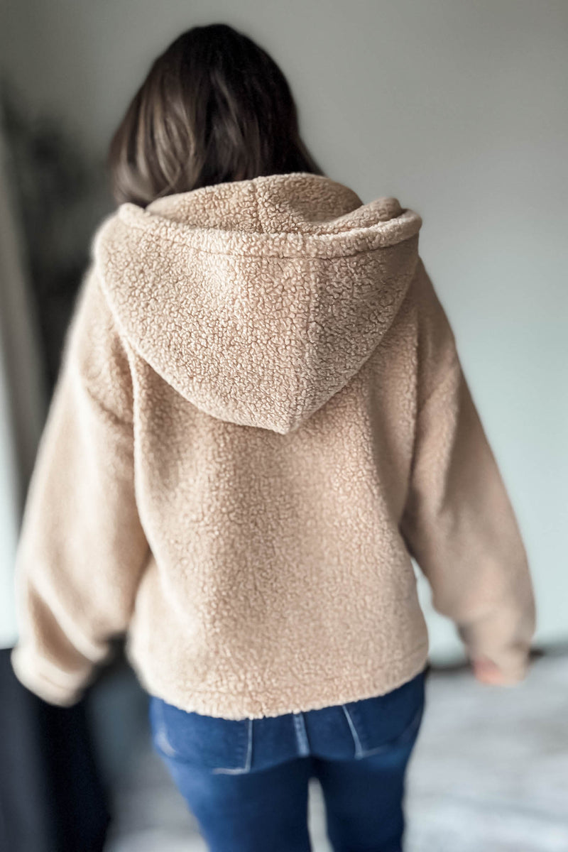 Mocha Sherpa Button Up Hooded Pullover Jacket