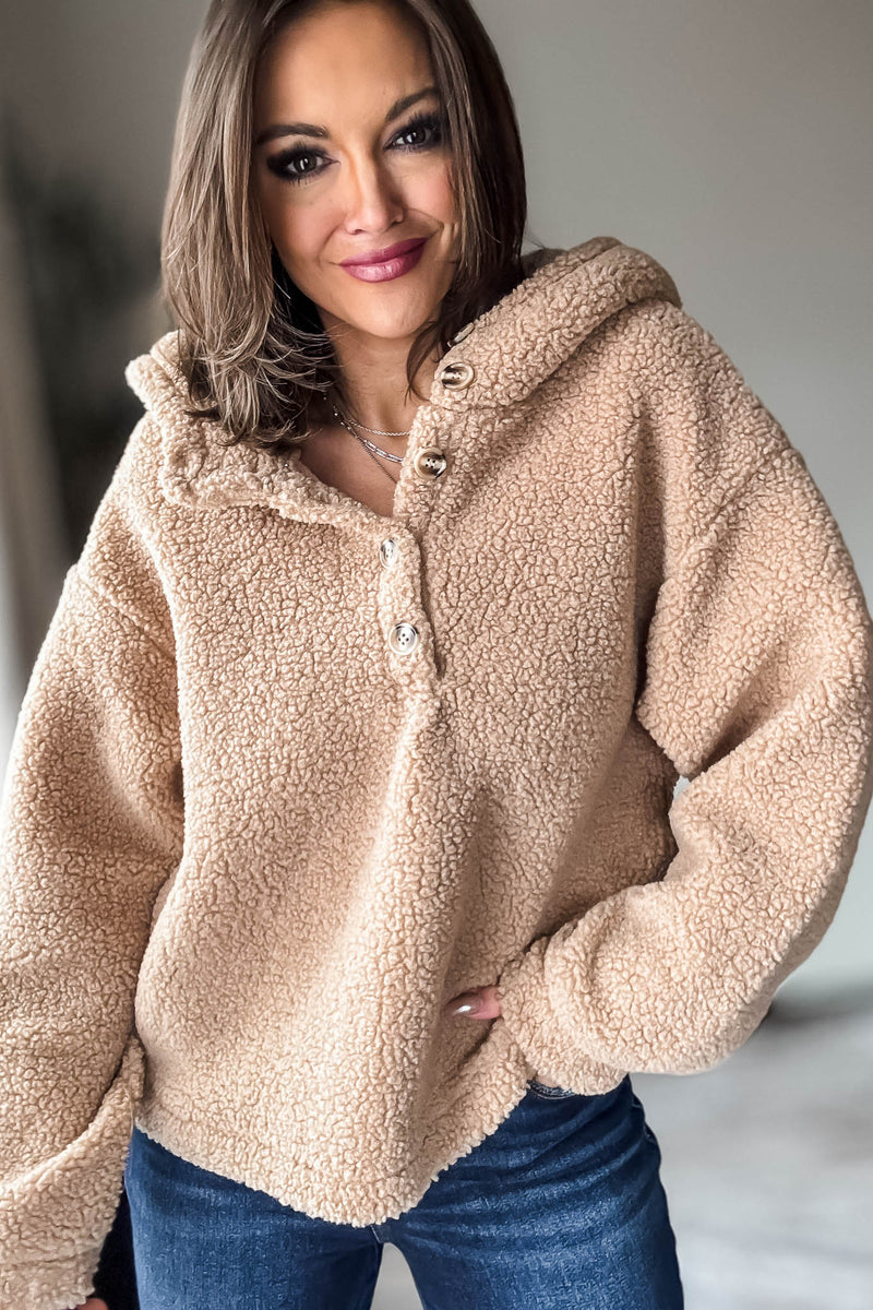 Mocha Sherpa Button Up Hooded Pullover Jacket