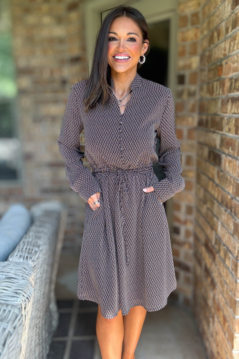 Diamond Multi Print Drawstring Waist Pockets Dress